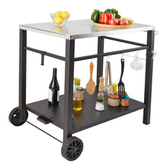 Outdoor Grill Dining Cart with Double-Shelf, 85*55cm BBQ Movable Food Prep Table, Multifunctional Stainless Steel Table Top, Portable Modular Carts for Pizza Oven, Worktable with 2 Wheels