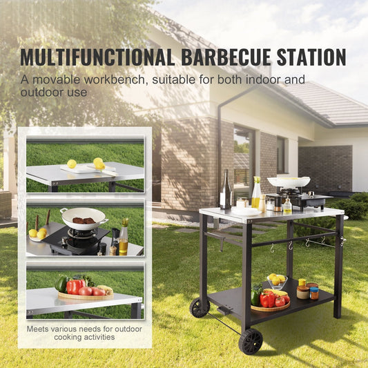 Outdoor Grill Dining Cart with Double-Shelf, 85*55cm BBQ Movable Food Prep Table, Multifunctional Stainless Steel Table Top, Portable Modular Carts for Pizza Oven, Worktable with 2 Wheels, Carry Handle