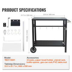 Outdoor Grill Dining Cart with Double-Shelf, 85*55cm BBQ Movable Food Prep Table, Multifunctional Iron Table Top, Portable Modular Carts for Pizza Oven, Worktable with 2 Wheels, Carry Handle, Black