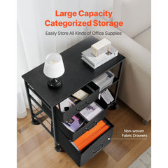 Mobile Metal File Cabinet with 3 Fabric Drawers and 2 Open Shelves Black
