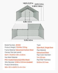 Metal Chicken Coop, 9.8x13.1x6.5 ft Large Walk-in Chicken Runs with Cover, Spire Roof Hen House Enclosure with Security Lock, Outdoor Duck Rabbit Cage Poultry Pen for Backyard, Farm, Yard
