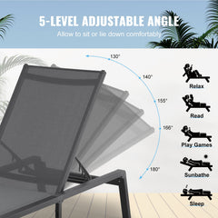Chaise Lounge Chair Outdoor, Aluminum Patio Lounge Chair with Adjustable 5-Position, Folding Pool Lounge Chair Recliner and Full Flat Tanning Chair for Patio, Beach, Pool, Dark Grey