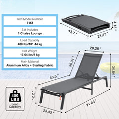 Chaise Lounge Chair Outdoor, Aluminum Patio Lounge Chair with Adjustable 5-Position, Folding Pool Lounge Chair Recliner and Full Flat Tanning Chair for Patio, Beach, Pool, Dark Grey