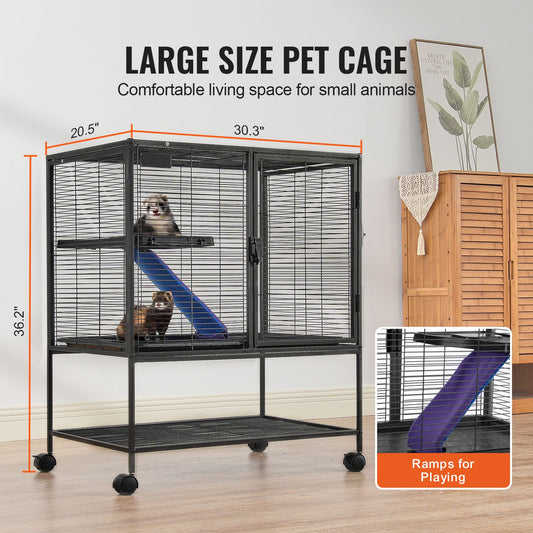 36" Metal Small Animal Cage 2-Tier Rolling Ferret Cage with Tray A Ramp