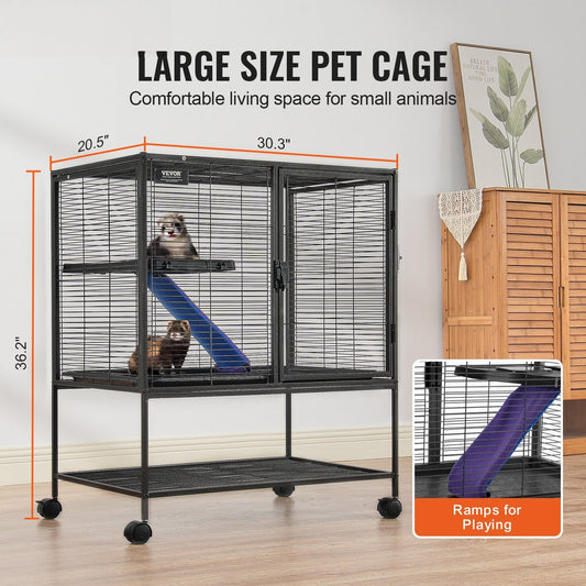36" Metal Small Animal Cage 2-Tier Rolling Ferret Cage with Tray A Ramp