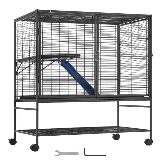 39" Metal Small Animal Cage 2-Tier Rolling Ferret Cage with Tray A Ramp