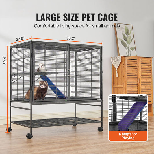 39" Metal Small Animal Cage 2-Tier Rolling Ferret Cage with Tray A Ramp
