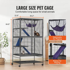 64.6" Metal Small Animal Cage 4-Tier Rolling Ferret Cage with Tray 3 Ramps