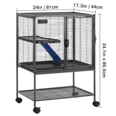 34" Metal Small Animal Cage 2-Tier Rolling Ferret Cage with Tray A Ramp