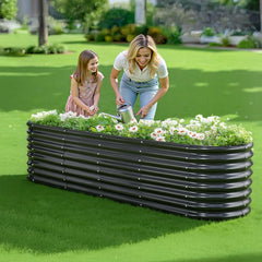 Metal Raised Garden Bed, 2.4 x 0.6 x 0.6 m Oval Outdoor Galvanized Planter Garden Box, Open Bottom Design, Large Planter Raised Bed for Growing Vegetables, Flowers, Herbs, Succulents, Dark Gray