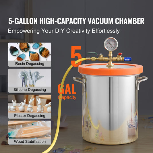 5 Gallon Vacuum Chamber, Upgraded Tempered Glass Lid Vacuum Degassing Chamber, 304 Stainless Steel Chamber, for Stabilizing Wood, Resin Degassing, Silicone Degassing and Plaster Degassing
