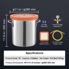 5 Gallon Vacuum Chamber, Upgraded Tempered Glass Lid Vacuum Degassing Chamber, 304 Stainless Steel Chamber, for Stabilizing Wood, Resin Degassing, Silicone Degassing and Plaster Degassing