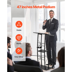 Podium Stand, 1180 mm Metal Lectern, Curved Standing Podium with Wide Reading Surface, Open Storage Compartment, Book Stopper, Cup Holder, for Classroom, Wedding, Conference, Speech, Concert