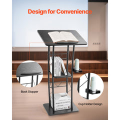 Podium Stand, 1180 mm Metal Lectern, Curved Standing Podium with Wide Reading Surface, Open Storage Compartment, Book Stopper, Cup Holder, for Classroom, Wedding, Conference, Speech, Concert