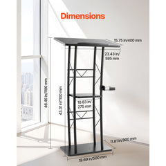 Podium Stand, 1180 mm Metal Lectern, Curved Standing Podium with Wide Reading Surface, Open Storage Compartment, Book Stopper, Cup Holder, for Classroom, Wedding, Conference, Speech, Concert