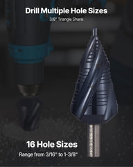 Step Drill Bit, 4.76 to 34.93 mm, 9.53 mm Triangular Shank, TiAlN Coating Cobalt High Speed Steel, Four Spiral Flute Step Bit for Metal, Stainless Steel, Aluminum, Wood, Plastic, Fiberglass