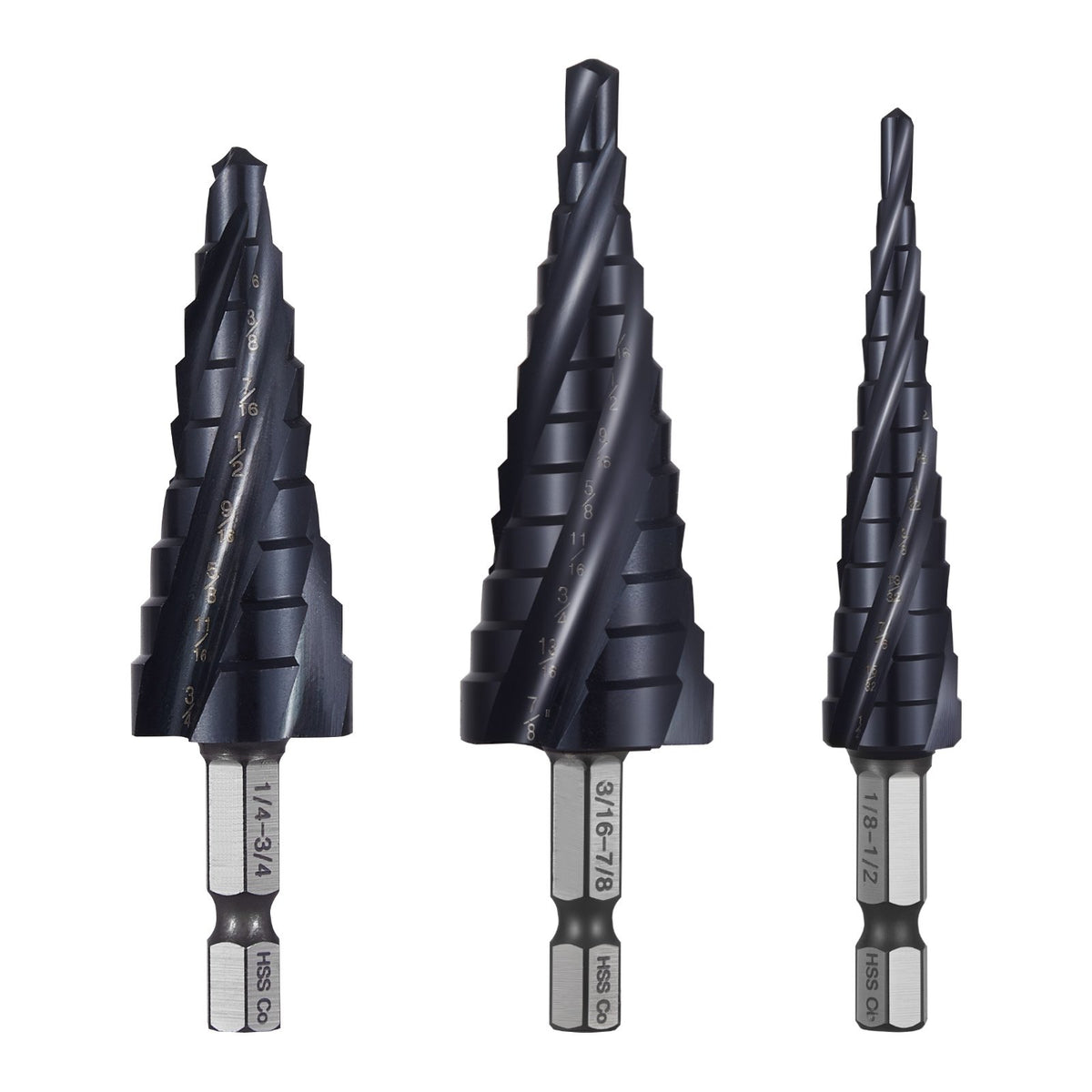 Step Drill Bit Set, 3.2 - 22.2 mm, 3 Pieces Step Drill Bits, 6.35 mm Hex Shank, TiAlN Coating Cobalt HSS High Speed Steel, for Metal, Stainless Steel, Aluminum, Wood, Plastic, Fiberglass