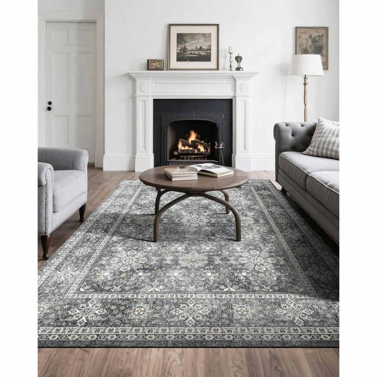 Area Rug, 2438.4x3048 mm Large Washable Rug, Non-Slip Tear-Resistant Soft Carpet, Pet & Child Friendly Vintage Area Rugs, Indoor Mat for Bedroom, Living Room, Kids Room, Entryway, Office, Gray
