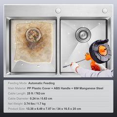 VEVOR Drain Auger 25ft 1/4in Drum Plumbing Drain Snake Clog Remover Autofeed