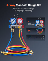 AC Manifold Gauge Set for R22 R404A R410A R12 Refrigerants, 4 Way AC Gauges with 1.5 m Hoses for Automotive & Household Air Conditioning Maintenance, Evacuation Vacuuming Charging and Recovery