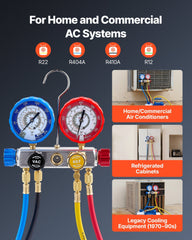 AC Manifold Gauge Set for R22 R404A R410A R12 Refrigerants, 4 Way AC Gauges with 1.5 m Hoses for Automotive & Household Air Conditioning Maintenance, Evacuation Vacuuming Charging and Recovery