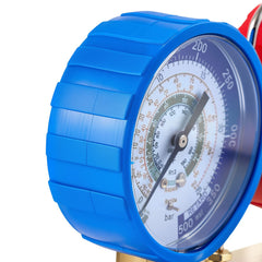 AC Manifold Gauge Set for R22 R404A R410A R12 Refrigerants, 4 Way AC Gauges with 1.5 m Hoses for Automotive & Household Air Conditioning Maintenance, Evacuation Vacuuming Charging and Recovery