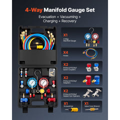 AC Manifold Gauge Set for R134a R404A R1234yf R22 Refrigerant, 4 Way AC Gauge with 1.5m Hoses, Adapters, Quick Couplers, Can Taps for Automotive Air Conditioning Maintenance, Charging Evacuation