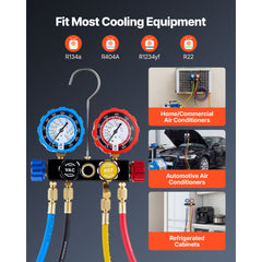 AC Manifold Gauge Set for R134a R404A R1234yf R22 Refrigerant, 4 Way AC Gauge with 1.5m Hoses, Adapters, Quick Couplers, Can Taps for Automotive Air Conditioning Maintenance, Charging Evacuation