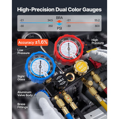 AC Manifold Gauge Set for R134a R404A R1234yf R22 Refrigerant, 4 Way AC Gauge with 1.5m Hoses, Adapters, Quick Couplers, Can Taps for Automotive Air Conditioning Maintenance, Charging Evacuation