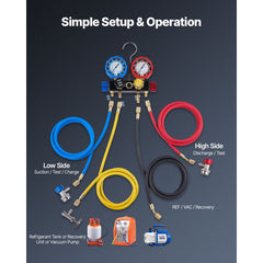 AC Manifold Gauge Set for R134a R404A R1234yf R22 Refrigerant, 4 Way AC Gauge with 1.5m Hoses, Adapters, Quick Couplers, Can Taps for Automotive Air Conditioning Maintenance, Charging Evacuation