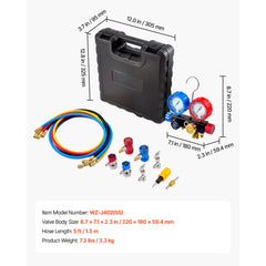 AC Manifold Gauge Set for R134a R404A R1234yf R22 Refrigerant, 4 Way AC Gauge with 1.5m Hoses, Adapters, Quick Couplers, Can Taps for Automotive Air Conditioning Maintenance, Charging Evacuation