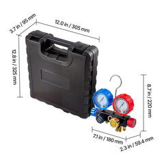 AC Manifold Gauge Set for R134a R404A R1234yf R22 Refrigerant, 4 Way AC Gauge with 1.5m Hoses, Adapters, Quick Couplers, Can Taps for Automotive Air Conditioning Maintenance, Charging Evacuation