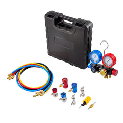 AC Manifold Gauge Set for R134a R404A R1234yf R22 Refrigerant, 4 Way AC Gauge with 1.5m Hoses, Adapters, Quick Couplers, Can Taps for Automotive Air Conditioning Maintenance, Charging Evacuation