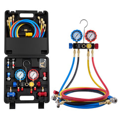AC Manifold Gauge Set for R134a R404A R1234yf R22 Refrigerant, 4 Way AC Gauge with 1.5m Hoses, Adapters, Quick Couplers, Can Taps for Automotive Air Conditioning Maintenance, Charging Evacuation