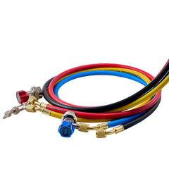 AC Manifold Gauge Set for R134a R404A R1234yf R22 Refrigerant, 4 Way AC Gauge with 1.5m Hoses, Adapters, Quick Couplers, Can Taps for Automotive Air Conditioning Maintenance, Charging Evacuation