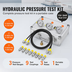 Hydraulic Pressure Test Kit, 250/400/600bar, 3 Gauges 9 Test Couplings 3 Test Hoses, Excavator Hydraulic Test Gauge Set with Portable Carrying Case for Excavator Tractors Construction Machinery