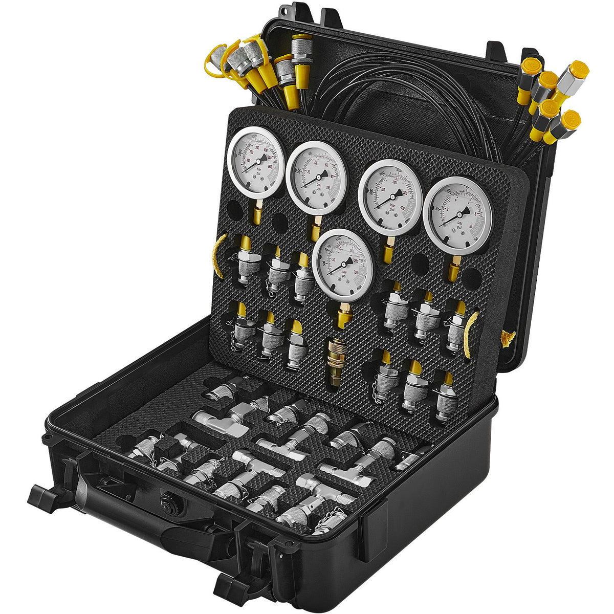 Hydraulic Pressure Test Kit, 10/100/250/400/600bar, 5 Gauges 13 Couplings 14 Tee Connectors 5 Test Hoses, Excavator Hydraulic Test Gauge Set with Carrying Case for Excavator Tractors Machinery
