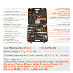 Tool Kit 216 Piece General Household Hand Tool Set with Portable Tool Case