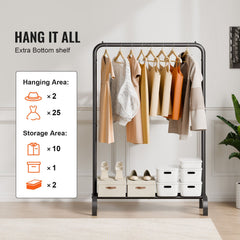 Clothes Rack, Heavy Duty Clothing Garment Rack with Hanging Rod and Bottom Storage Area, Clothing Rack for Bedroom Guest Room