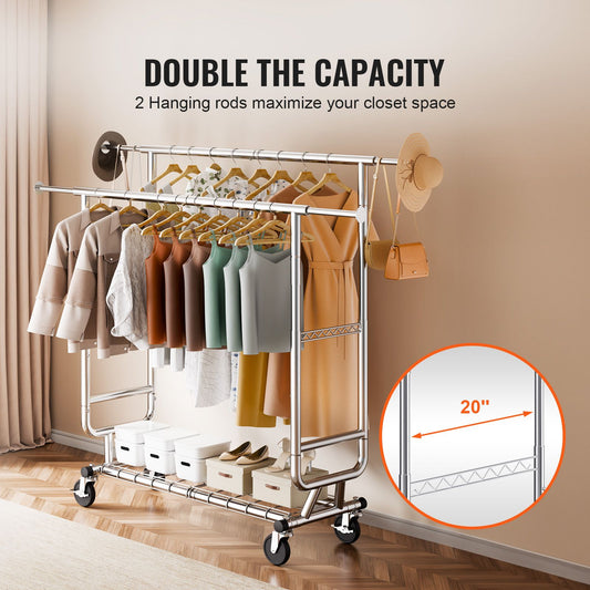 Heavy Duty Clothes Rack, Double Hanging Rod Clothing Garment Rack for Hanging Clothes, Adjustable Height and Extendable Length Clothing Rack with Bottom Storage Area, 272 KG Load Capacity