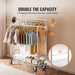 Heavy Duty Clothes Rack, Double Hanging Rod Clothing Garment Rack for Hanging Clothes, Adjustable Height and Extendable Length Clothing Rack with Bottom Storage Area, 272 KG Load Capacity
