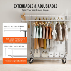 Heavy Duty Clothes Rack, Double Hanging Rod Clothing Garment Rack for Hanging Clothes, Adjustable Height and Extendable Length Clothing Rack with Bottom Storage Area, 272 KG Load Capacity