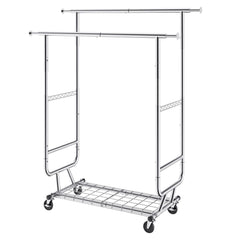 Heavy Duty Clothes Rack, Double Hanging Rod Clothing Garment Rack for Hanging Clothes, Adjustable Height and Extendable Length Clothing Rack with Bottom Storage Area, 272 KG Load Capacity