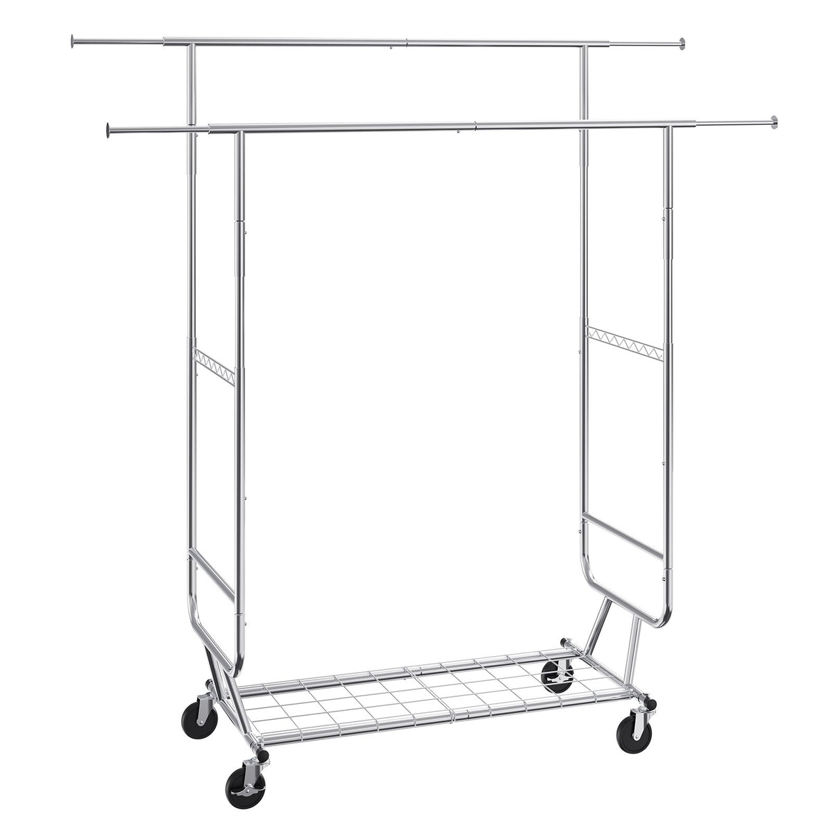 Heavy Duty Clothes Rack, Double Hanging Rod Clothing Garment Rack for Hanging Clothes, Adjustable Height and Extendable Length Clothing Rack with Bottom Storage Area, 272 KG Load Capacity