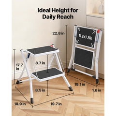 Step Ladder 2-Step 150kg Capacity, Ergonomic Folding Steel Step Stool with Wide Anti-Slip Pedal, Sturdy Step Stool for Adults Toddlers, Multi-Use for Household, Kitchen, Office, RVs