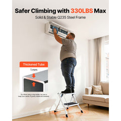 Step Ladder 2-Step 150kg Capacity, Ergonomic Folding Steel Step Stool with Wide Anti-Slip Pedal, Sturdy Step Stool for Adults Toddlers, Multi-Use for Household, Kitchen, Office, RVs