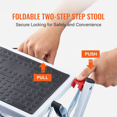 Step Ladder 2-Step 150kg Capacity, Ergonomic Folding Steel Step Stool with Wide Anti-Slip Pedal, Sturdy Step Stool for Adults Toddlers, Multi-Use for Household, Kitchen, Office, RVs
