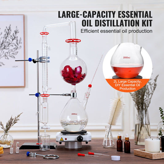 Essential Oil Distillation Kit, 2000ml Distillation Apparatus, 3.3 Boro Lab Glassware Distillation Kit with 1000W Heating Plate and 24, 40 Joint, 28 pcs Set