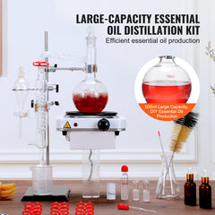 Essential Oil Distillation Kit, 500ml Distillation Apparatus, 3.3 Boro Lab Glassware Distillation Kit with 1000W Heating Plate and 24, 40 Joint, 33 pcs Set