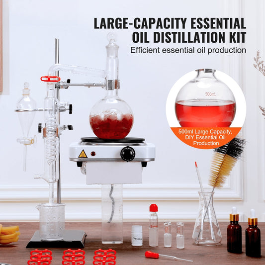 Essential Oil Distillation Kit, 500ml Distillation Apparatus, 3.3 Boro Lab Glassware Distillation Kit with 1000W Heating Plate and 24, 40 Joint, 33 pcs Set